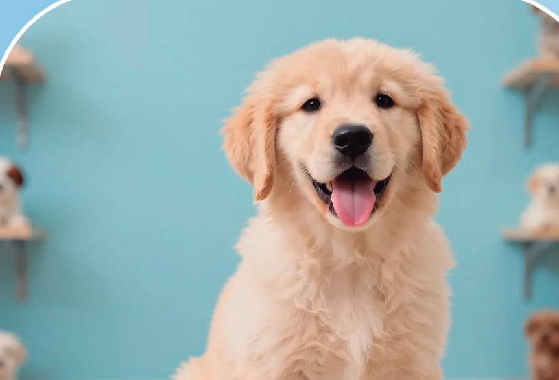 Filhote de cachorro em ambiente azul acolhedor