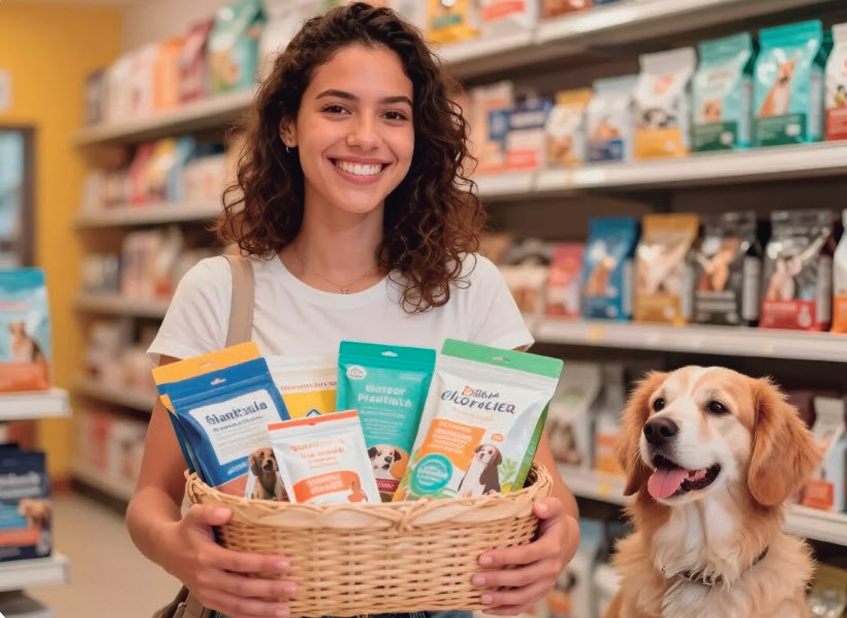 Atendente com uma cesta de produtos e um cachorro